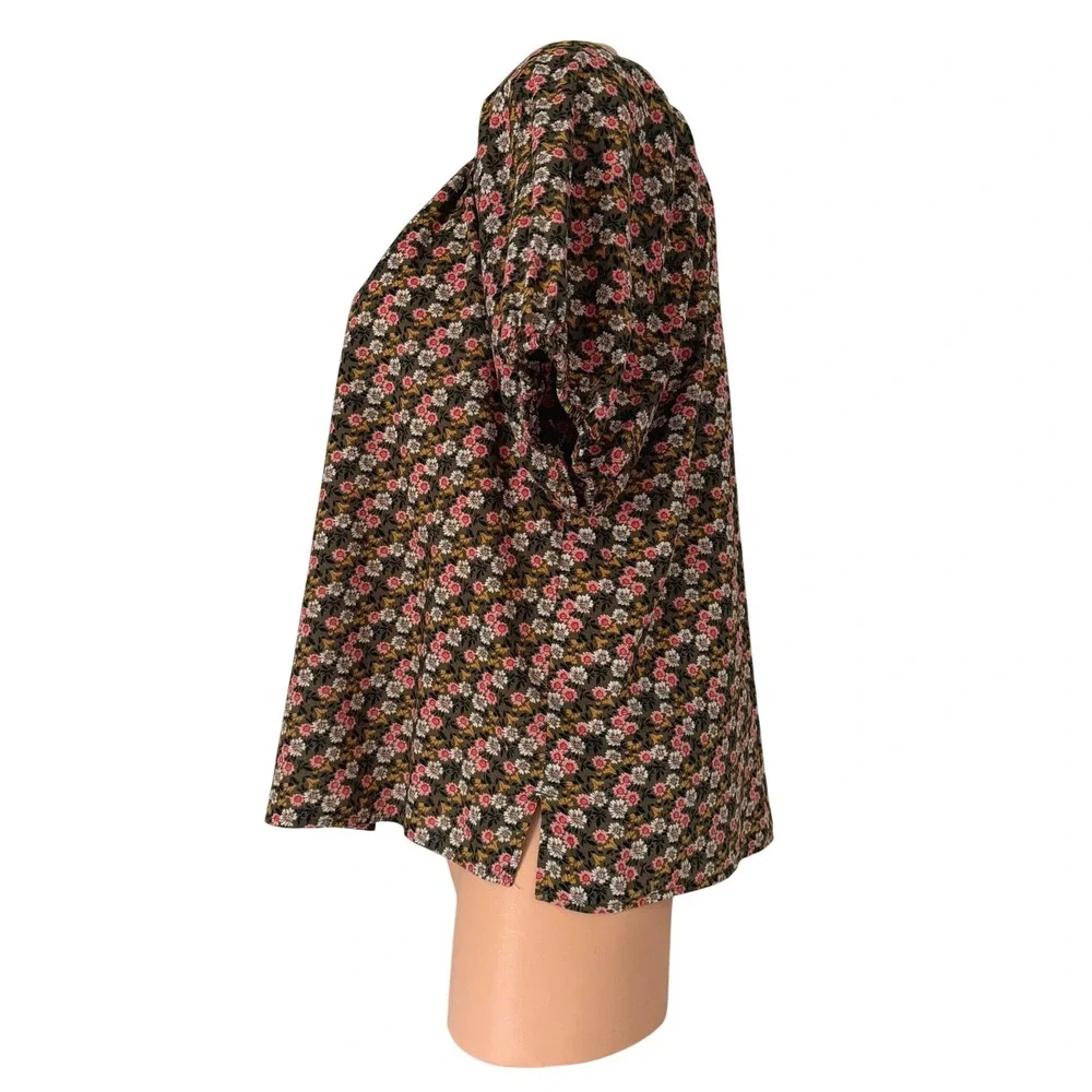 LOFT Olive Green Floral Puff Sleeve Split Tie Neck Cotton Blouse Size Medium